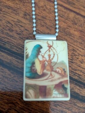 Alice in Wonderland Caterpillar Illustrated Pendant Necklace - Teal & Cream
